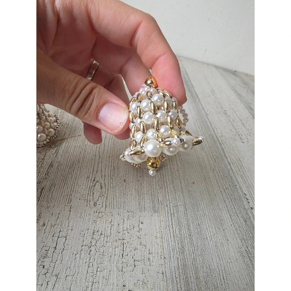 Vintage beaded Bell Pearl ornament set Xmas tree silver gold ornament